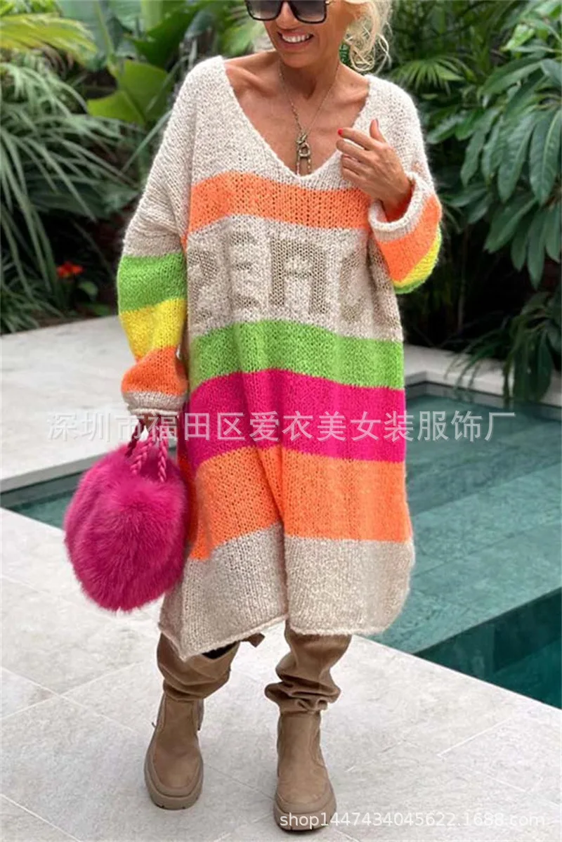 Rainbow Stripe Extra Long Knitted Sweaters Women Fashion Loose V-neck Knitting Maxi Pullover Sweater Female Autumn Winter New