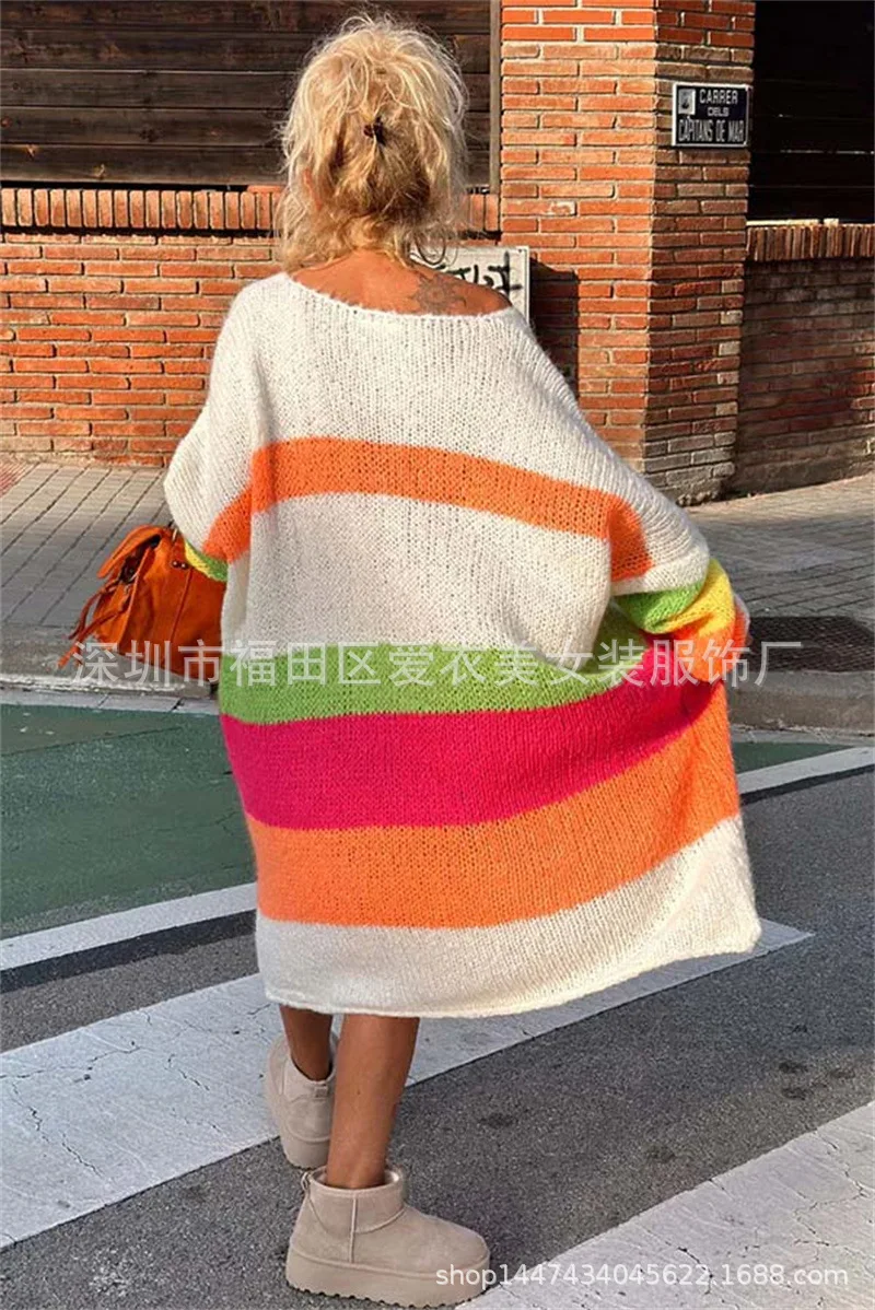 Rainbow Stripe Extra Long Knitted Sweaters Women Fashion Loose V-neck Knitting Maxi Pullover Sweater Female Autumn Winter New