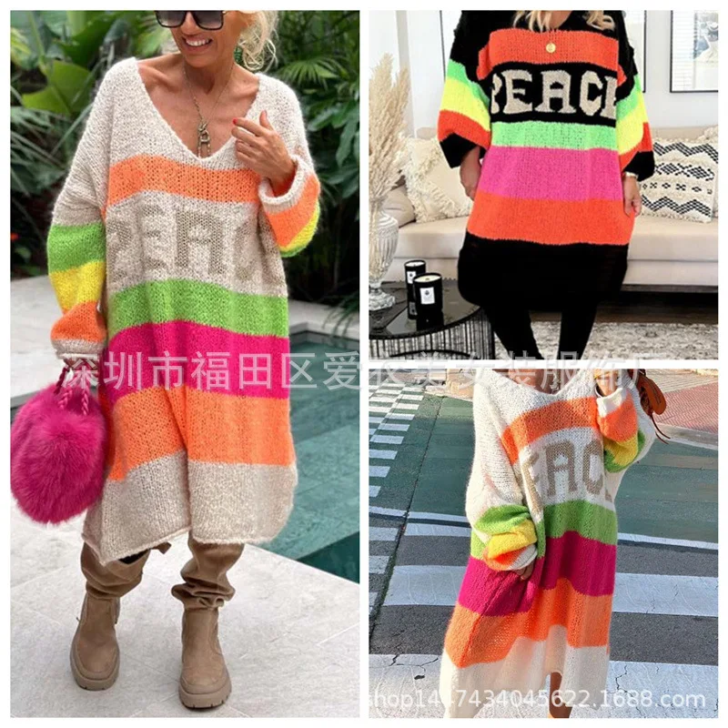 Rainbow Stripe Extra Long Knitted Sweaters Women Fashion Loose V-neck Knitting Maxi Pullover Sweater Female Autumn Winter New