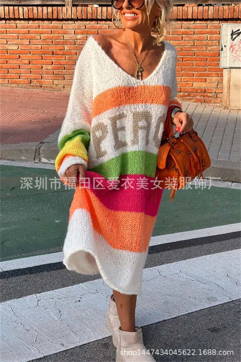 Rainbow Stripe Extra Long Knitted Sweaters Women Fashion Loose V-neck Knitting Maxi Pullover Sweater Female Autumn Winter New
