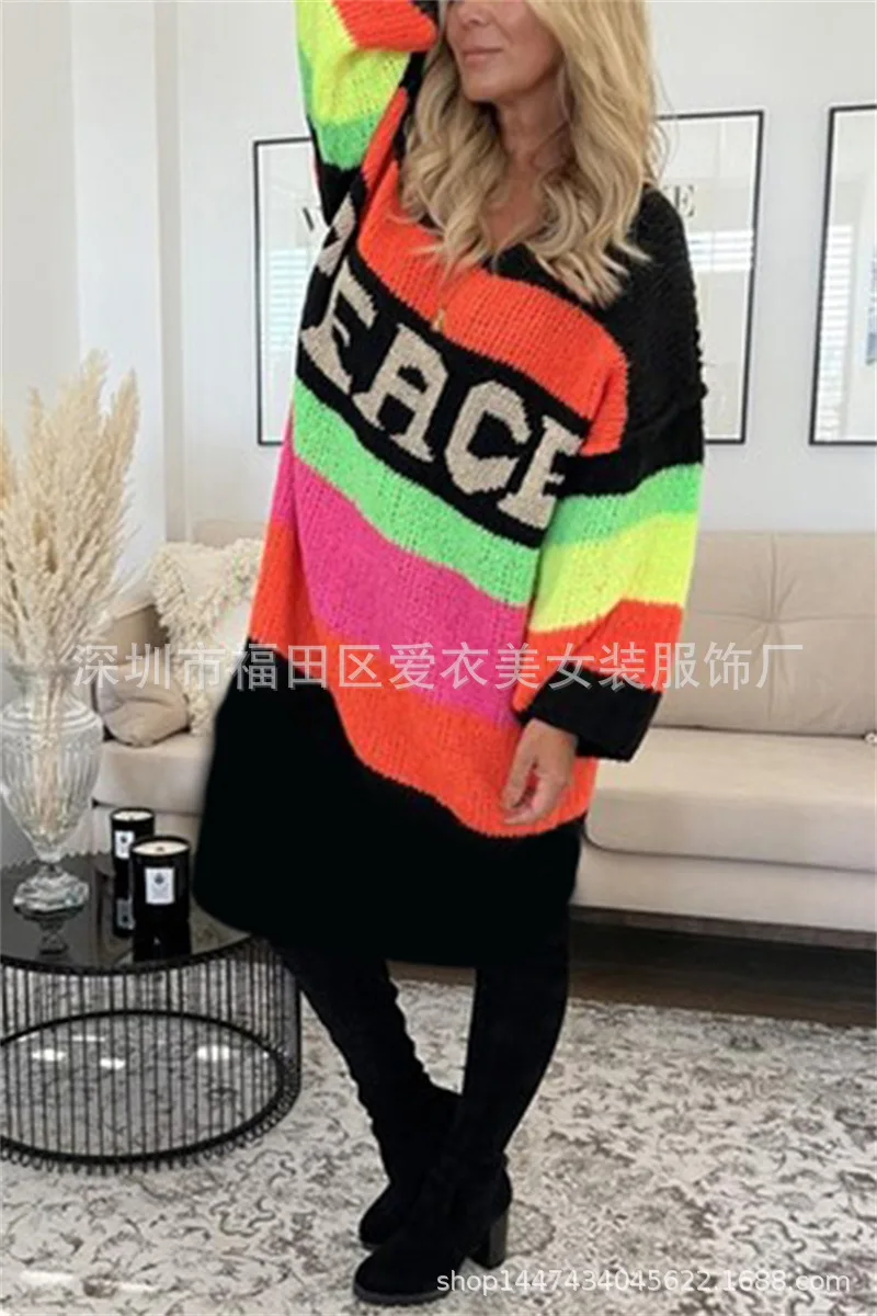 Rainbow Stripe Extra Long Knitted Sweaters Women Fashion Loose V-neck Knitting Maxi Pullover Sweater Female Autumn Winter New