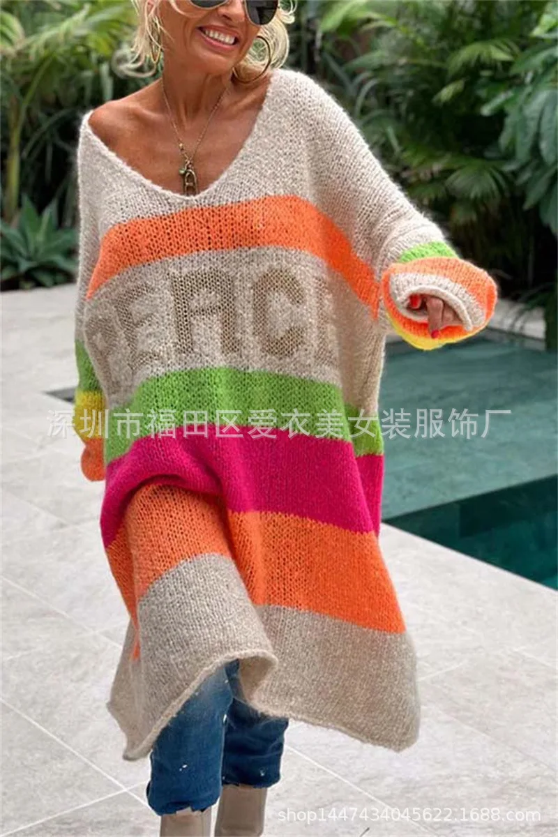Rainbow Stripe Extra Long Knitted Sweaters Women Fashion Loose V-neck Knitting Maxi Pullover Sweater Female Autumn Winter New