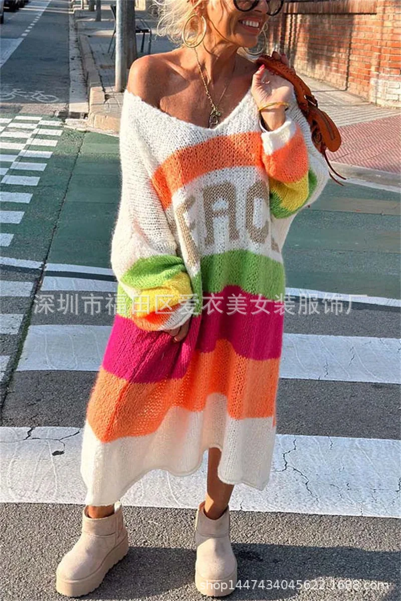 Rainbow Stripe Extra Long Knitted Sweaters Women Fashion Loose V-neck Knitting Maxi Pullover Sweater Female Autumn Winter New