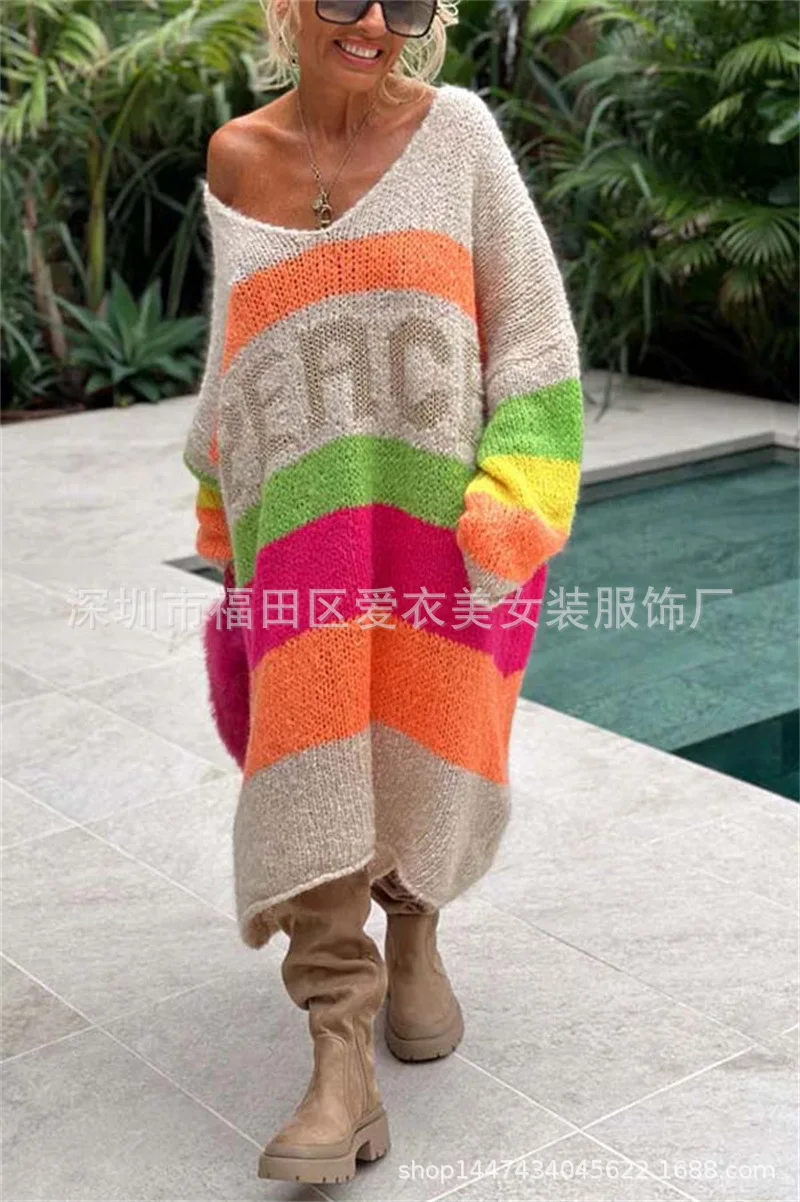 Rainbow Stripe Extra Long Knitted Sweaters Women Fashion Loose V-neck Knitting Maxi Pullover Sweater Female Autumn Winter New