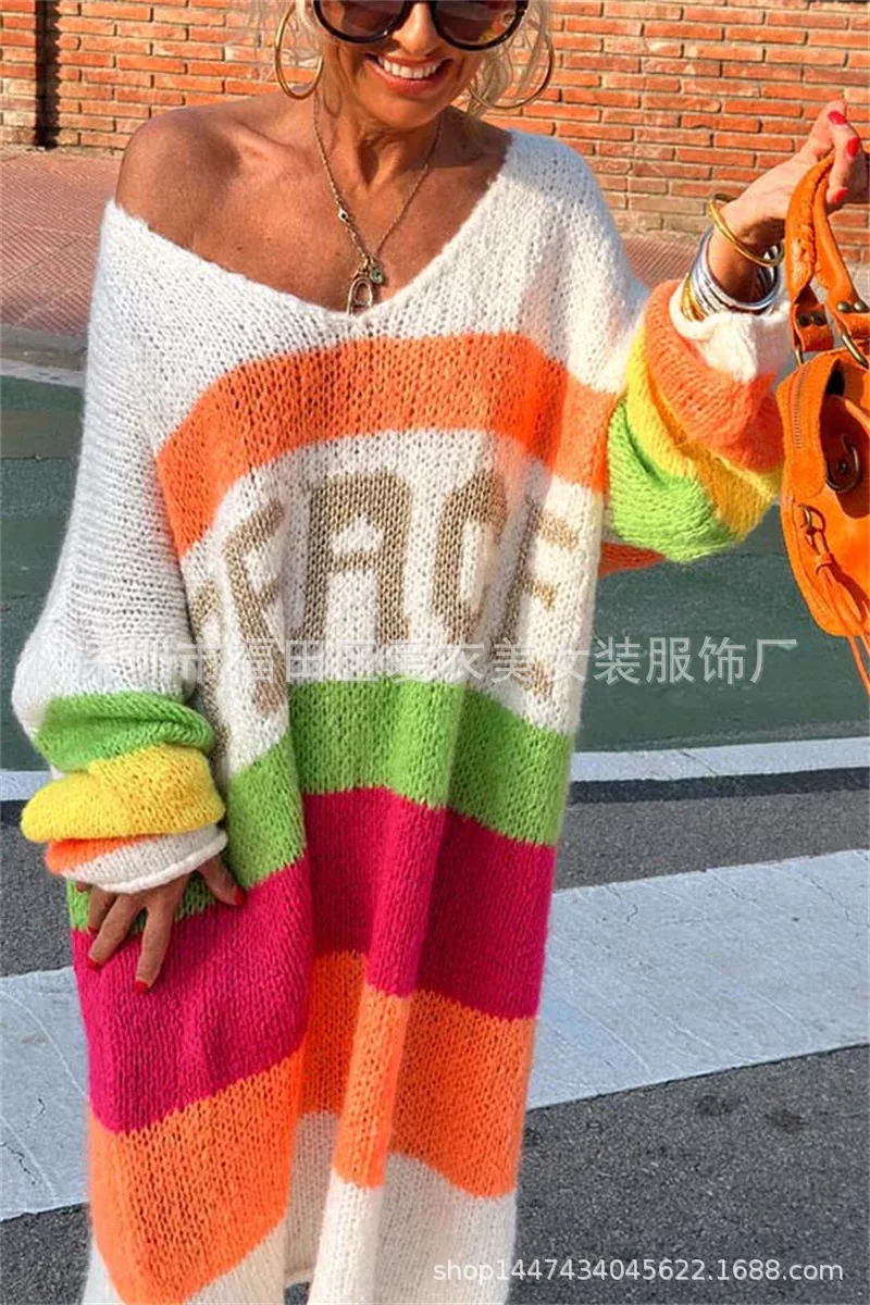 Rainbow Stripe Extra Long Knitted Sweaters Women Fashion Loose V-neck Knitting Maxi Pullover Sweater Female Autumn Winter New