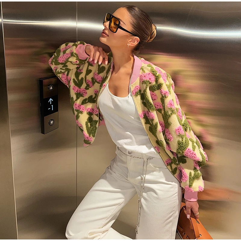 3D Floral Bomber Jacket Coat Women Fashion Lapel Neck Long Sleeve Zipper Loose Outerwear Female Spring Chic Casual Jackets Wear