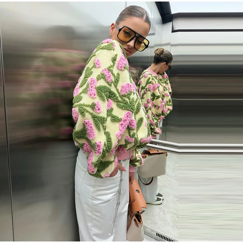 3D Floral Bomber Jacket Coat Women Fashion Lapel Neck Long Sleeve Zipper Loose Outerwear Female Spring Chic Casual Jackets Wear