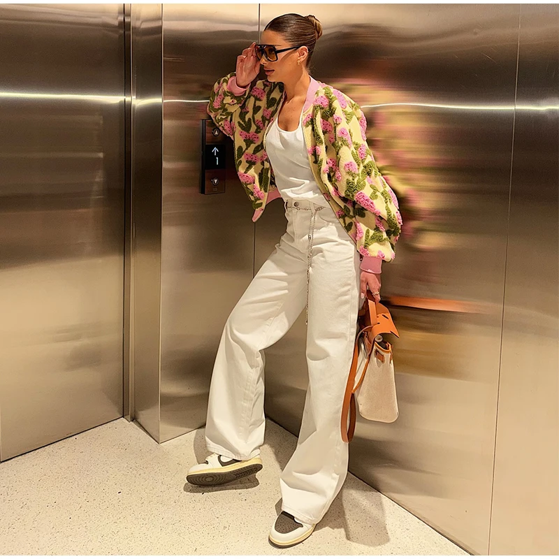 3D Floral Bomber Jacket Coat Women Fashion Lapel Neck Long Sleeve Zipper Loose Outerwear Female Spring Chic Casual Jackets Wear