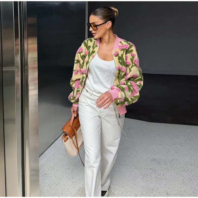 3D Floral Bomber Jacket Coat Women Fashion Lapel Neck Long Sleeve Zipper Loose Outerwear Female Spring Chic Casual Jackets Wear