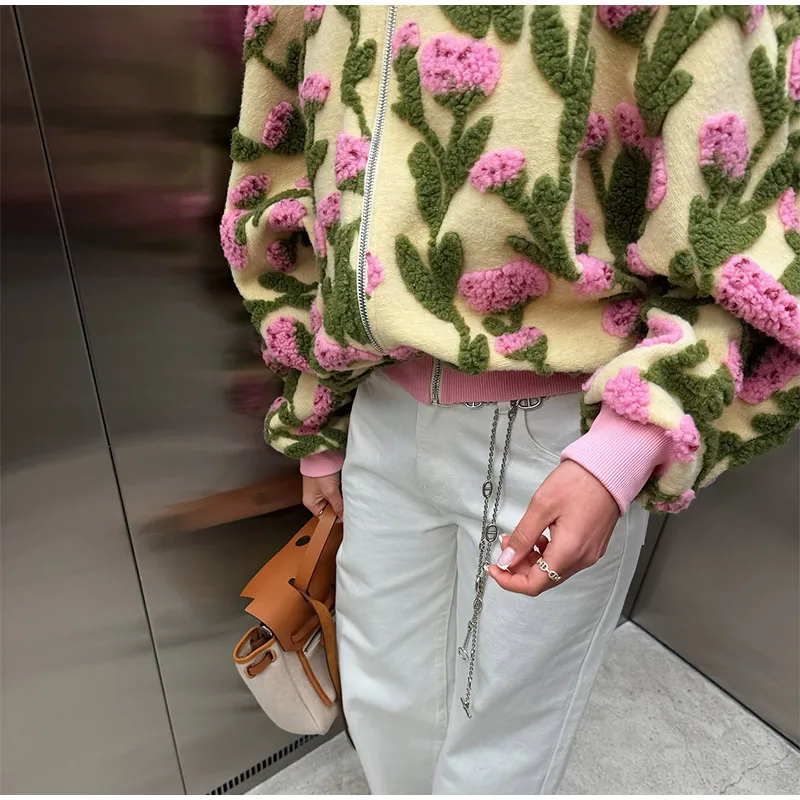 3D Floral Bomber Jacket Coat Women Fashion Lapel Neck Long Sleeve Zipper Loose Outerwear Female Spring Chic Casual Jackets Wear