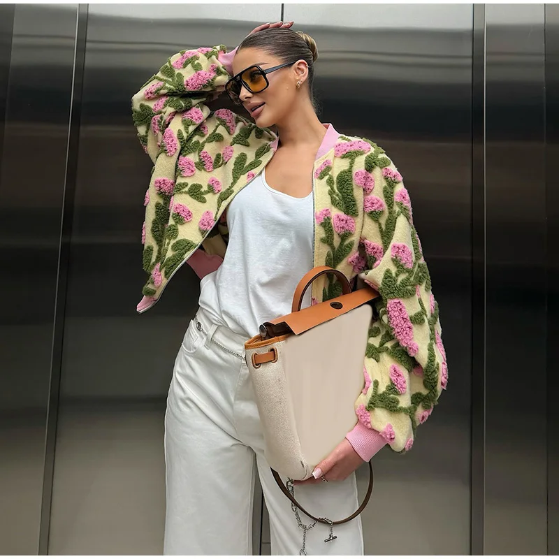 3D Floral Bomber Jacket Coat Women Fashion Lapel Neck Long Sleeve Zipper Loose Outerwear Female Spring Chic Casual Jackets Wear
