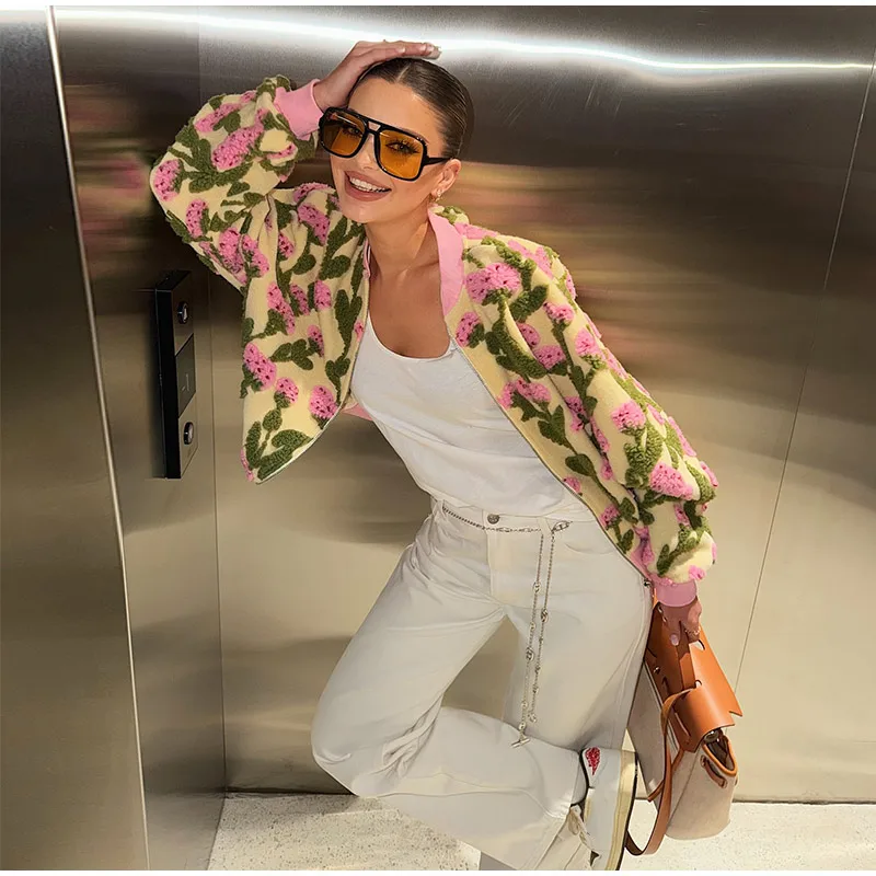 3D Floral Bomber Jacket Coat Women Fashion Lapel Neck Long Sleeve Zipper Loose Outerwear Female Spring Chic Casual Jackets Wear