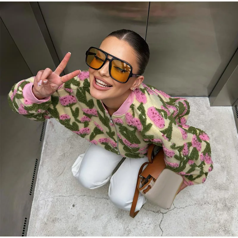 3D Floral Bomber Jacket Coat Women Fashion Lapel Neck Long Sleeve Zipper Loose Outerwear Female Spring Chic Casual Jackets Wear