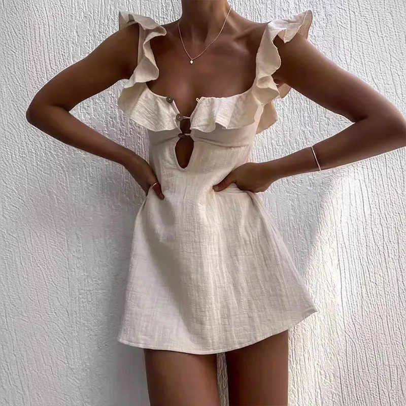 Summer Hollow Out Button Ruffles Short Dress Sexy V Neck Sleeveless Solid Color Dress New Holiday Beach Cotton Linen Mini Dress