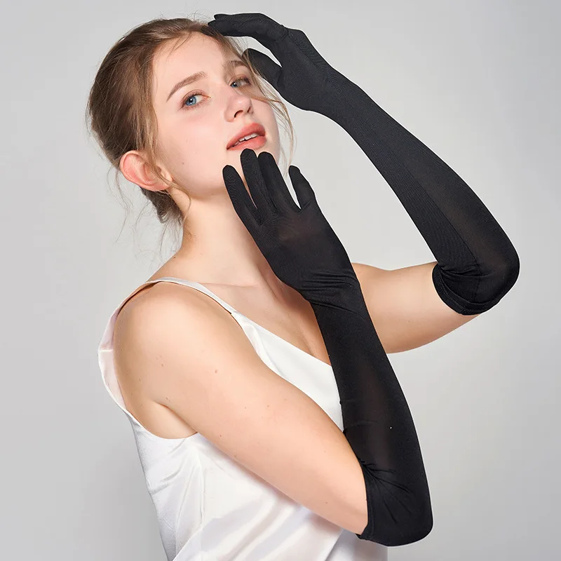 100% Mulberry Silk 58cm Long Sunscreen Thin Ride Driving Elasticity Upscale Luxury Gloves Solid Smooth Soft Female Breathable