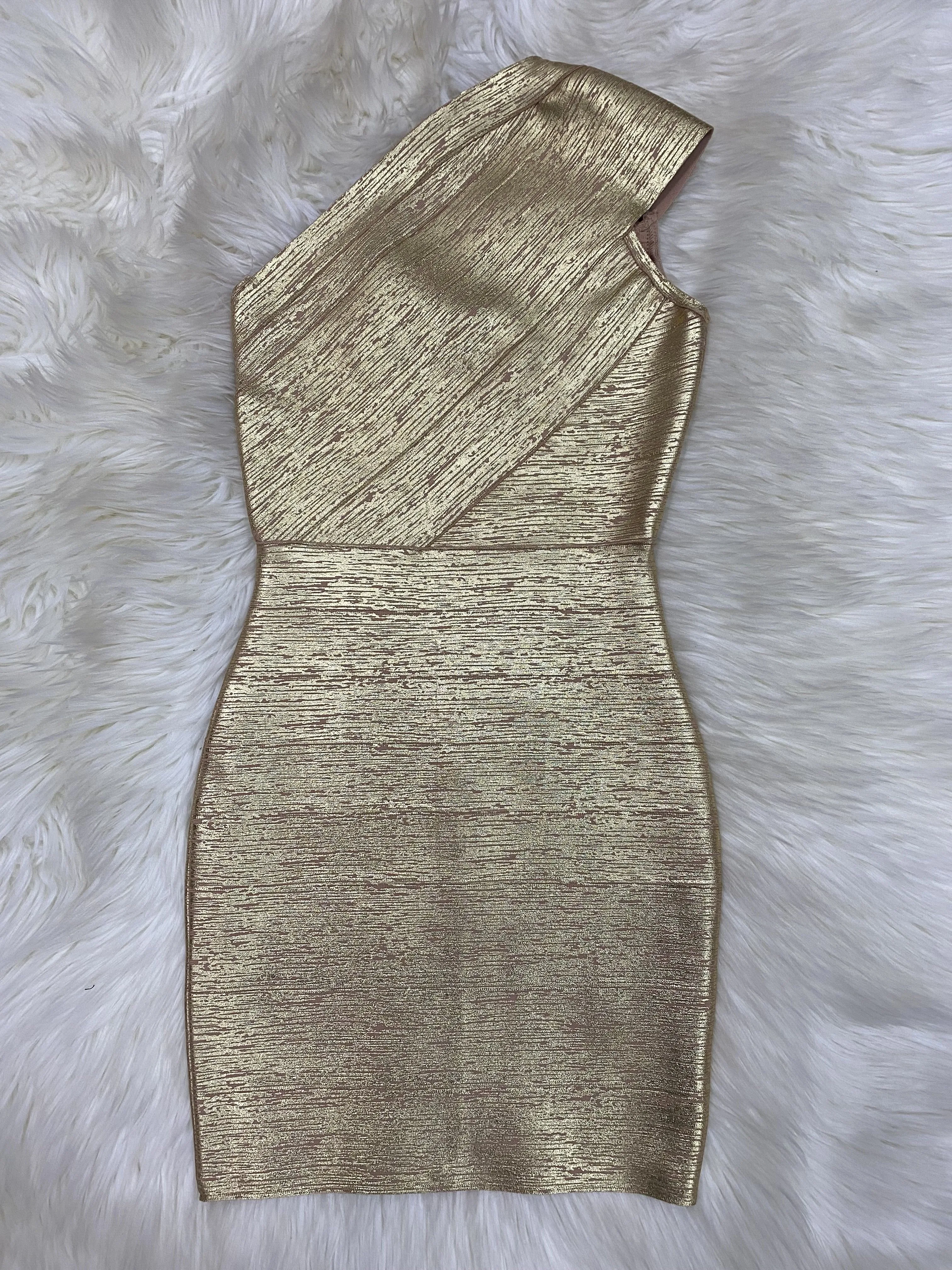 High Quality Celebrity One Shoulder Foiling Gold Print Rayon Bandage Dress Elegant Club Party Dress Vestidos