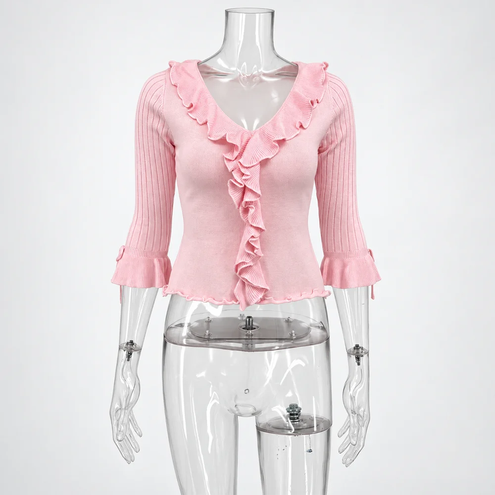 Tuularose Pink Elegant Cardigan Women's Fashion Ruffled Patchwork Lace-Up Cardigan Top Casual Autumn Commuting Female Cardigan