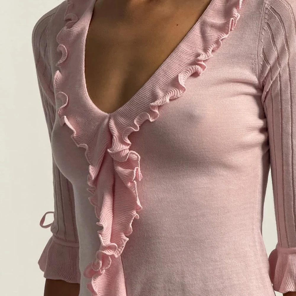 Tuularose Pink Elegant Cardigan Women's Fashion Ruffled Patchwork Lace-Up Cardigan Top Casual Autumn Commuting Female Cardigan
