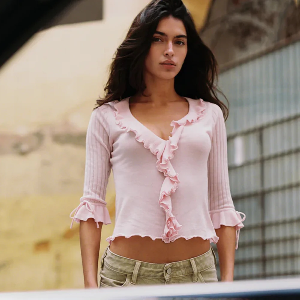 Tuularose Pink Elegant Cardigan Women's Fashion Ruffled Patchwork Lace-Up Cardigan Top Casual Autumn Commuting Female Cardigan