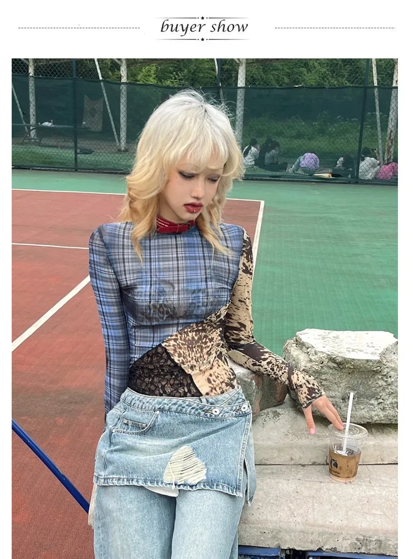 Karrram Japanese Y2k Patchwork Mesh Tops Trashy 2000s Lace Sheer Top Grunge Aesthetics Irregular T-shirt Vintage Harajuku Korean