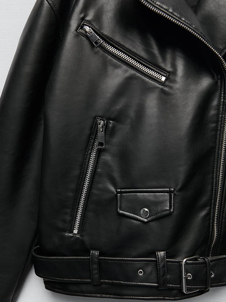 Ailegogo Women Loose Motorcycle Biker Black Pu Faux Leather Jacket with Belt Spring Autumn Female Zipper Coat Outwear