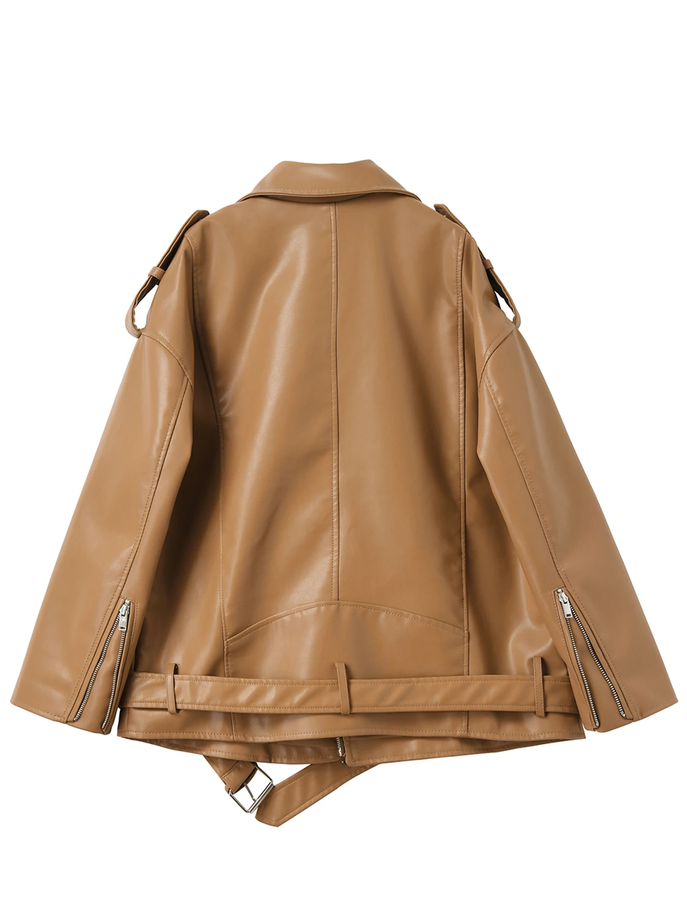 Ailegogo Women Loose Motorcycle Biker Black Pu Faux Leather Jacket with Belt Spring Autumn Female Zipper Coat Outwear