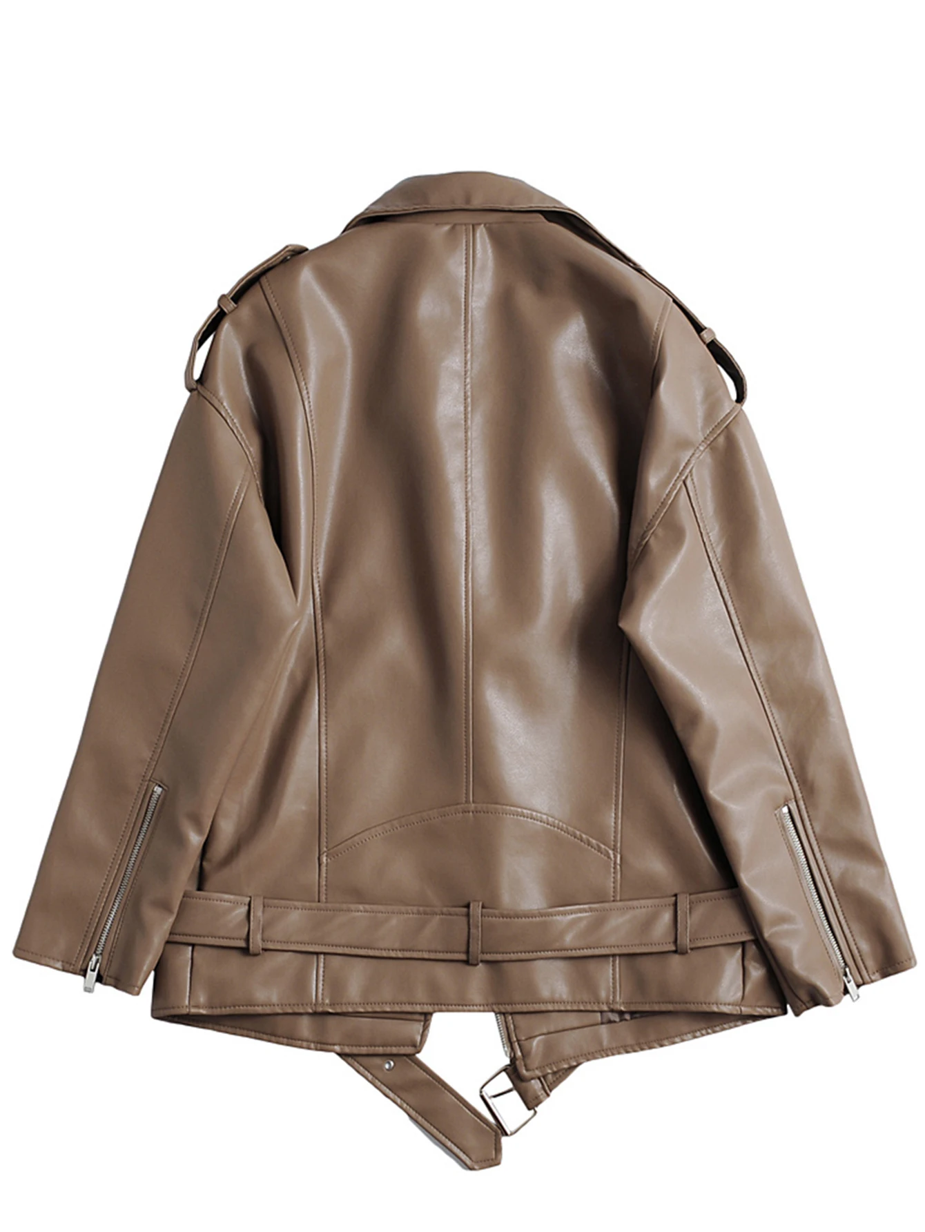 Ailegogo Women Loose Motorcycle Biker Black Pu Faux Leather Jacket with Belt Spring Autumn Female Zipper Coat Outwear