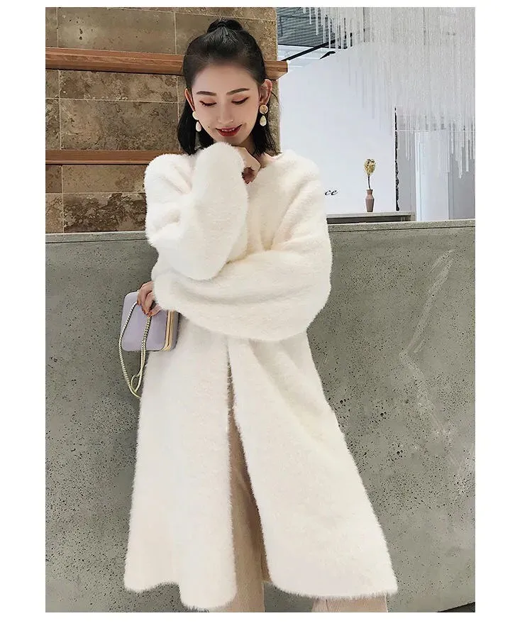 white Long Cardigan for women 2026 new winter clothes Knitted fluffy long sleeve Cashmere sweater coat korean style warm vintage