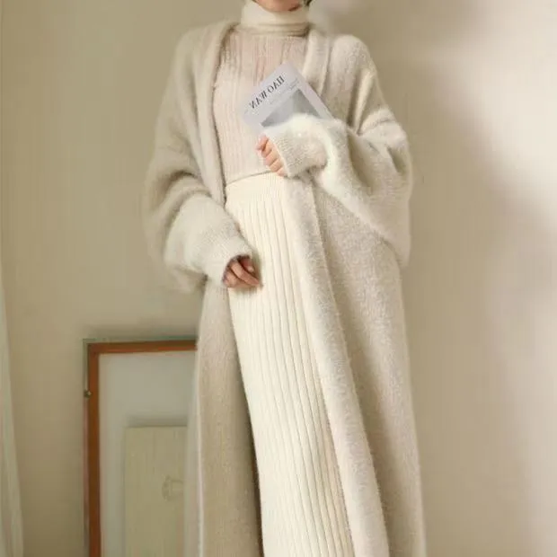 white Long Cardigan for women 2026 new winter clothes Knitted fluffy long sleeve Cashmere sweater coat korean style warm vintage