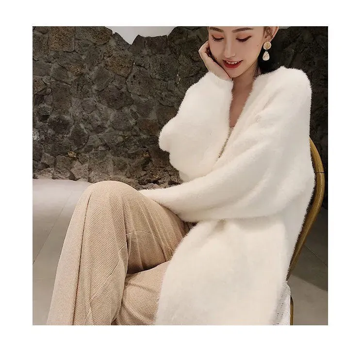 white Long Cardigan for women 2026 new winter clothes Knitted fluffy long sleeve Cashmere sweater coat korean style warm vintage