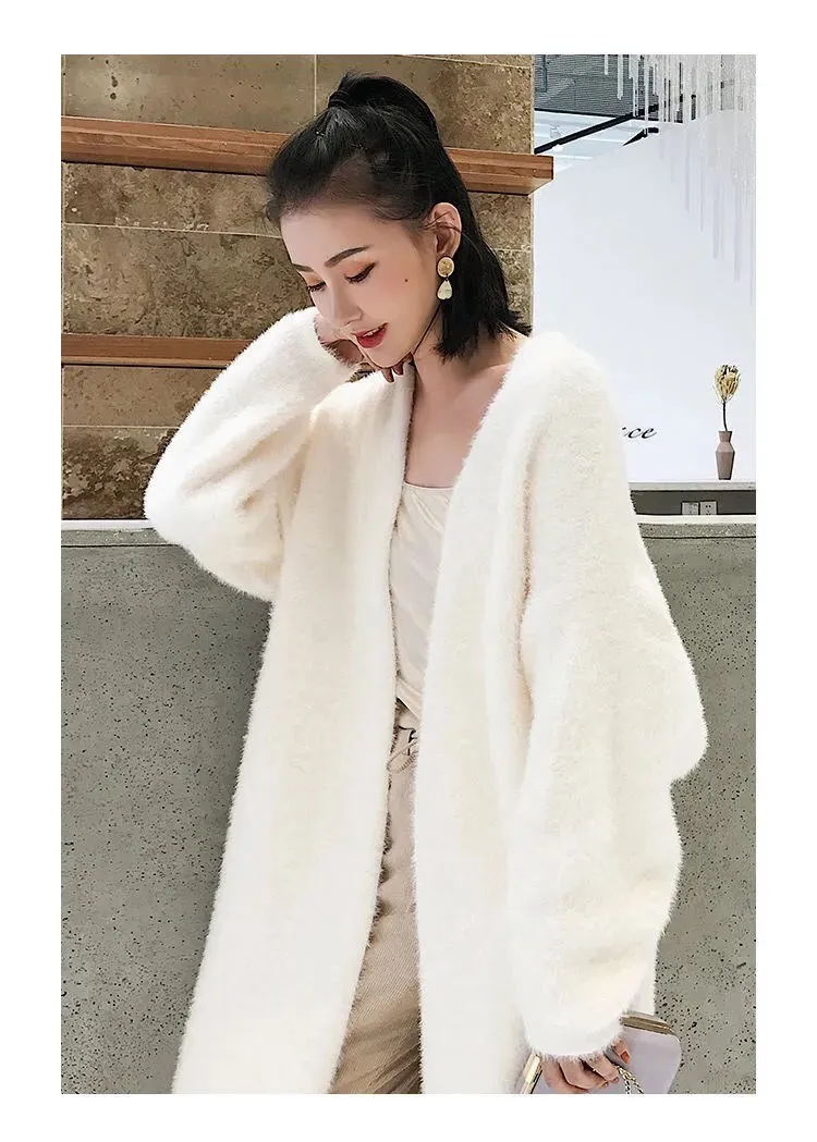 white Long Cardigan for women 2026 new winter clothes Knitted fluffy long sleeve Cashmere sweater coat korean style warm vintage