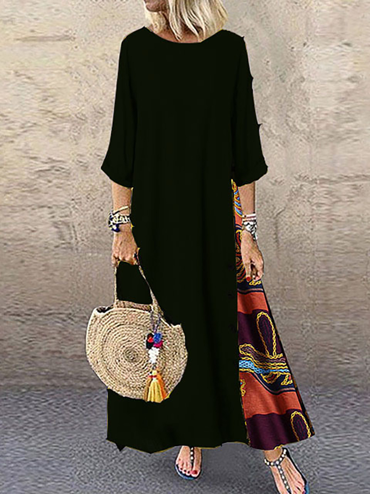 Women Vintage Harajuku Long Dress Bohemian Stitching Print 3/4 Sleeve O Neck Loose Oversized Maxi Dress Casual Elegant Robe