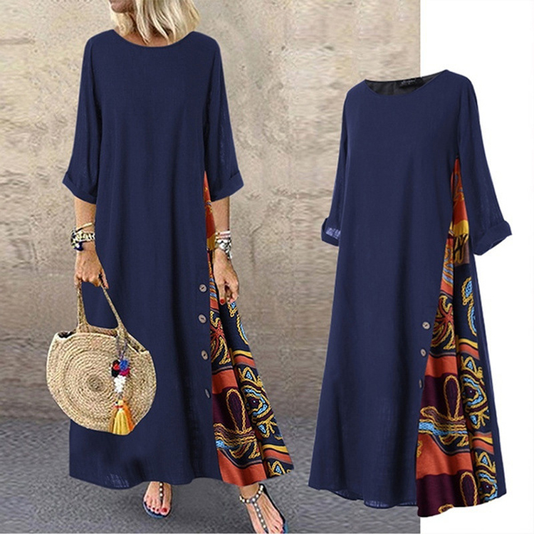 Women Vintage Harajuku Long Dress Bohemian Stitching Print 3/4 Sleeve O Neck Loose Oversized Maxi Dress Casual Elegant Robe