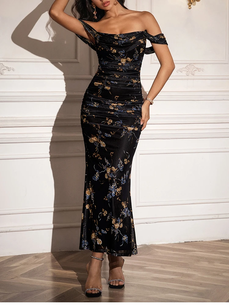 NewAsia Women's Off Shoulder Ruched Mesh Long Corset Dress Backless Fishbone Bodycon Elegant Fashion Party Club Maxi Dresses