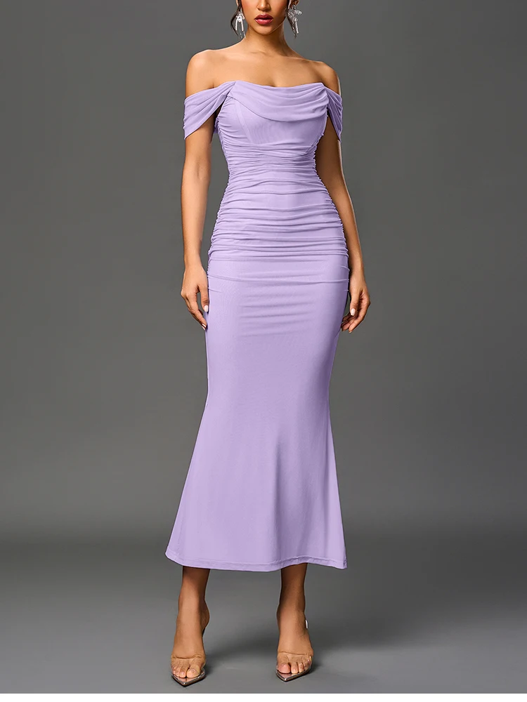 NewAsia Women's Off Shoulder Ruched Mesh Long Corset Dress Backless Fishbone Bodycon Elegant Fashion Party Club Maxi Dresses