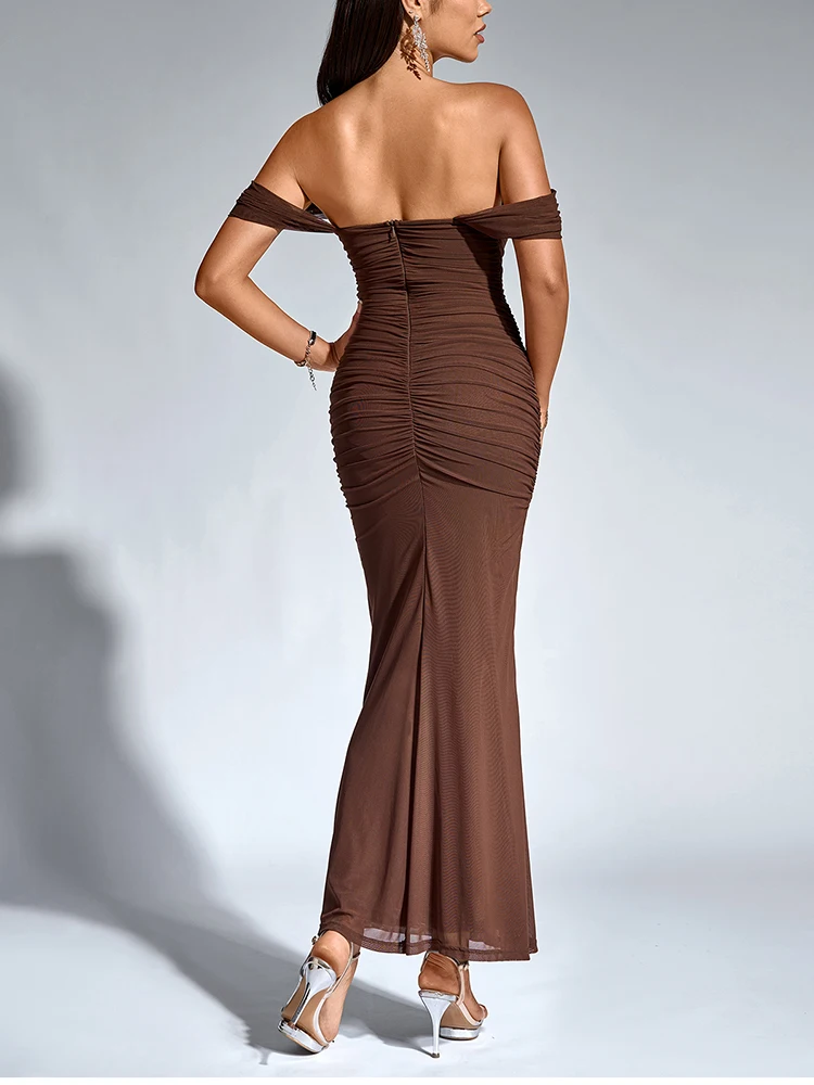 NewAsia Women's Off Shoulder Ruched Mesh Long Corset Dress Backless Fishbone Bodycon Elegant Fashion Party Club Maxi Dresses