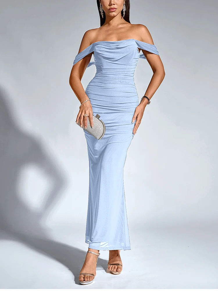 NewAsia Women's Off Shoulder Ruched Mesh Long Corset Dress Backless Fishbone Bodycon Elegant Fashion Party Club Maxi Dresses