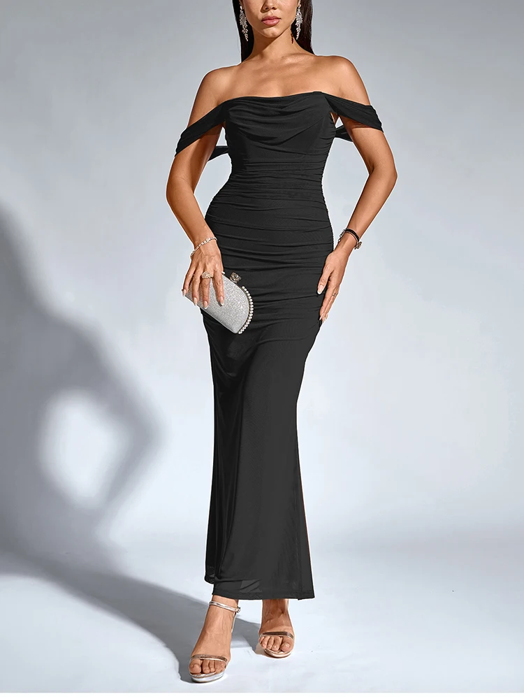 NewAsia Women's Off Shoulder Ruched Mesh Long Corset Dress Backless Fishbone Bodycon Elegant Fashion Party Club Maxi Dresses