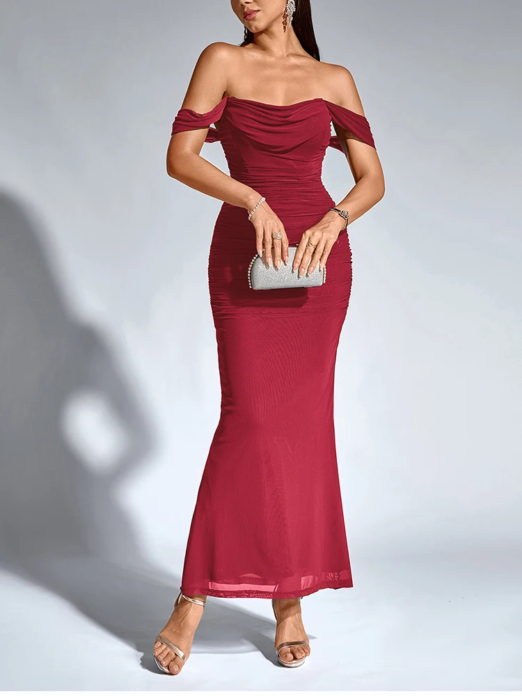 NewAsia Women's Off Shoulder Ruched Mesh Long Corset Dress Backless Fishbone Bodycon Elegant Fashion Party Club Maxi Dresses