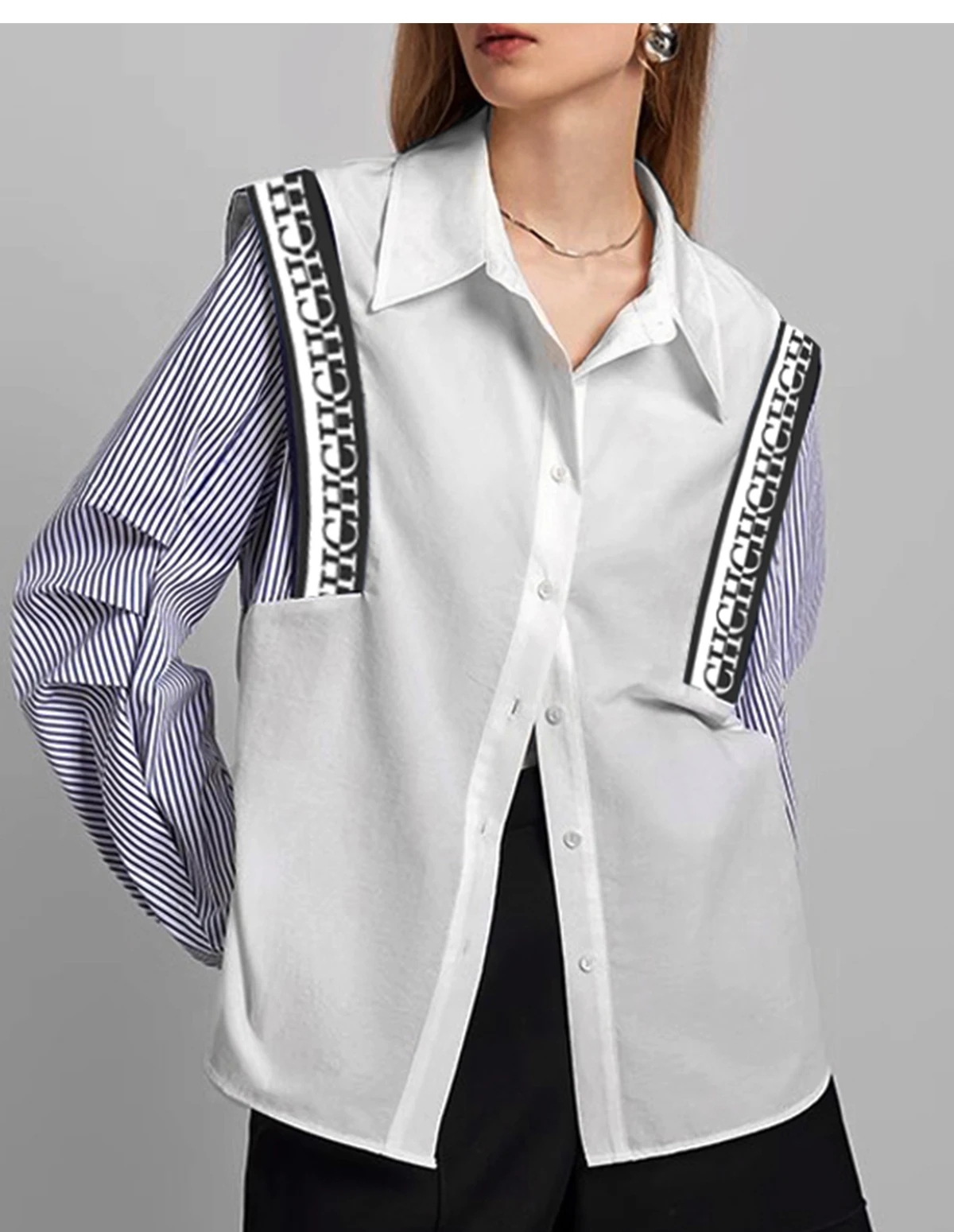 CHCH New Women's Casual Shirt Comfortable Simple Striped Patchwork Blue And White Classic Retro Spring Autumn Long Sleeve Top