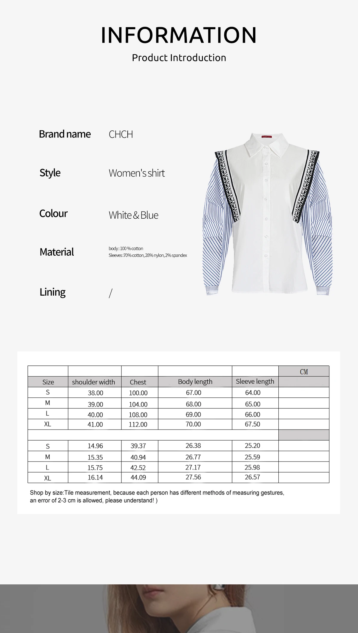 CHCH New Women's Casual Shirt Comfortable Simple Striped Patchwork Blue And White Classic Retro Spring Autumn Long Sleeve Top