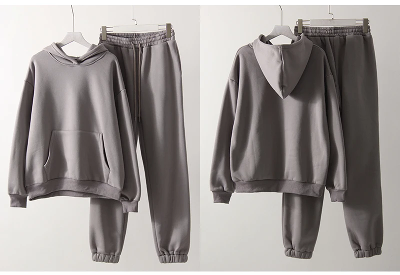 Gray Warm Fleece Suit For Women Winter Thick Velvet Pants Sets Sweatpants Sweatshirt Ladies Warrn Tracksuit Women Two Piece Set