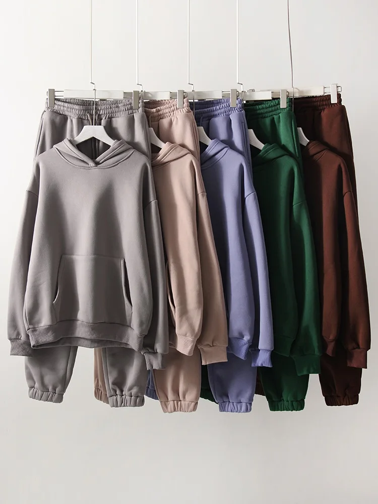 Gray Warm Fleece Suit For Women Winter Thick Velvet Pants Sets Sweatpants Sweatshirt Ladies Warrn Tracksuit Women Two Piece Set