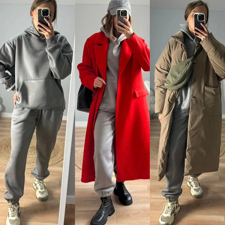 Gray Warm Fleece Suit For Women Winter Thick Velvet Pants Sets Sweatpants Sweatshirt Ladies Warrn Tracksuit Women Two Piece Set