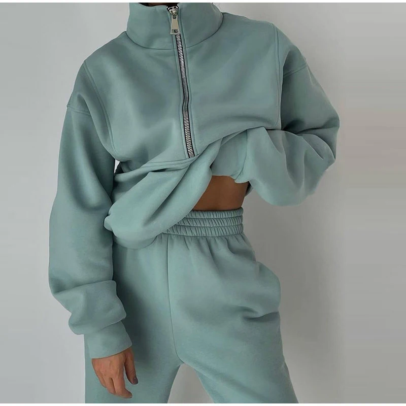Gray Warm Fleece Suit For Women Winter Thick Velvet Pants Sets Sweatpants Sweatshirt Ladies Warrn Tracksuit Women Two Piece Set