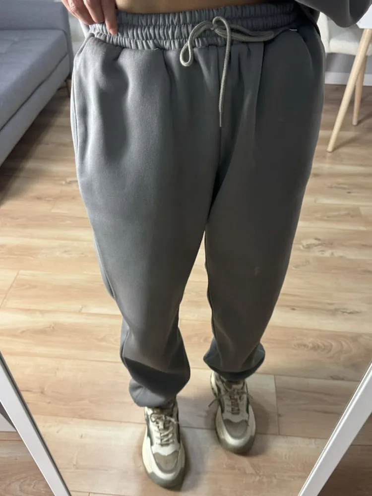 Gray Warm Fleece Suit For Women Winter Thick Velvet Pants Sets Sweatpants Sweatshirt Ladies Warrn Tracksuit Women Two Piece Set