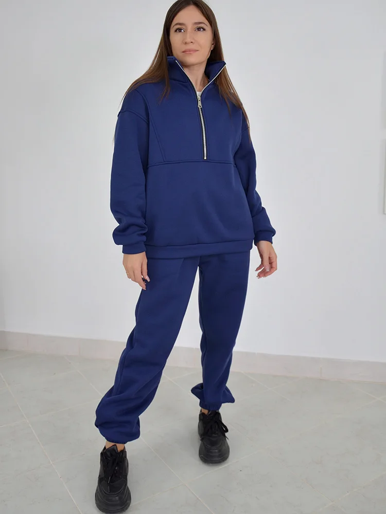 Gray Warm Fleece Suit For Women Winter Thick Velvet Pants Sets Sweatpants Sweatshirt Ladies Warrn Tracksuit Women Two Piece Set