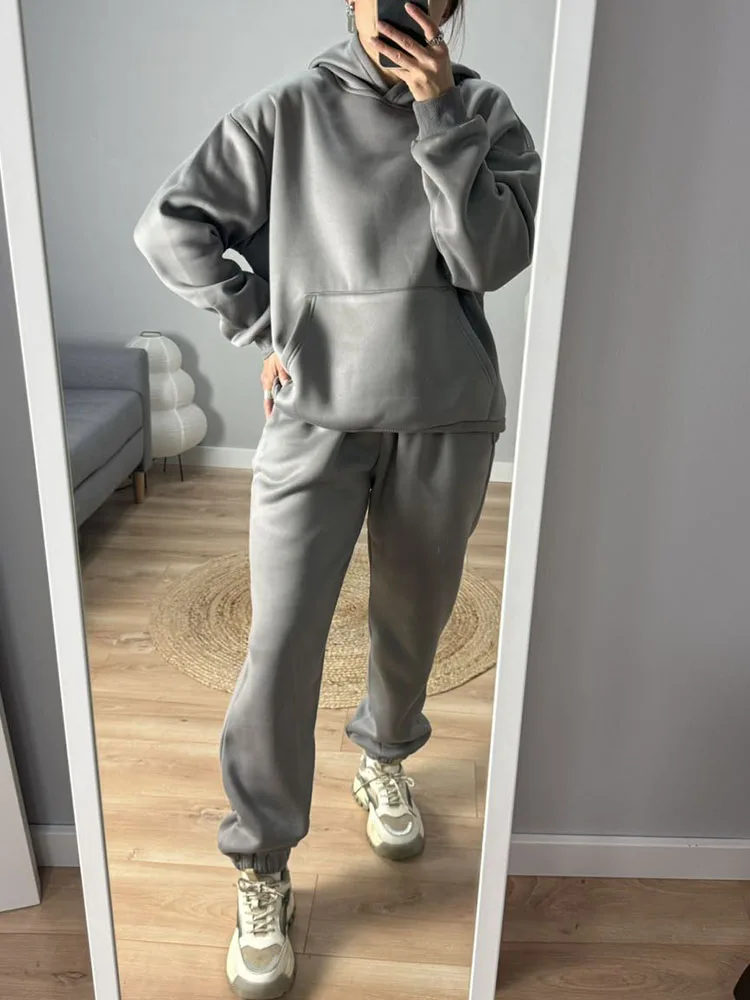 Gray Warm Fleece Suit For Women Winter Thick Velvet Pants Sets Sweatpants Sweatshirt Ladies Warrn Tracksuit Women Two Piece Set