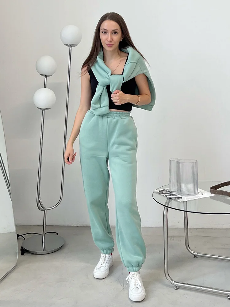 Gray Warm Fleece Suit For Women Winter Thick Velvet Pants Sets Sweatpants Sweatshirt Ladies Warrn Tracksuit Women Two Piece Set