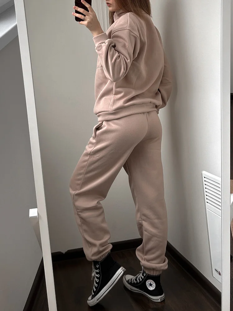 Gray Warm Fleece Suit For Women Winter Thick Velvet Pants Sets Sweatpants Sweatshirt Ladies Warrn Tracksuit Women Two Piece Set